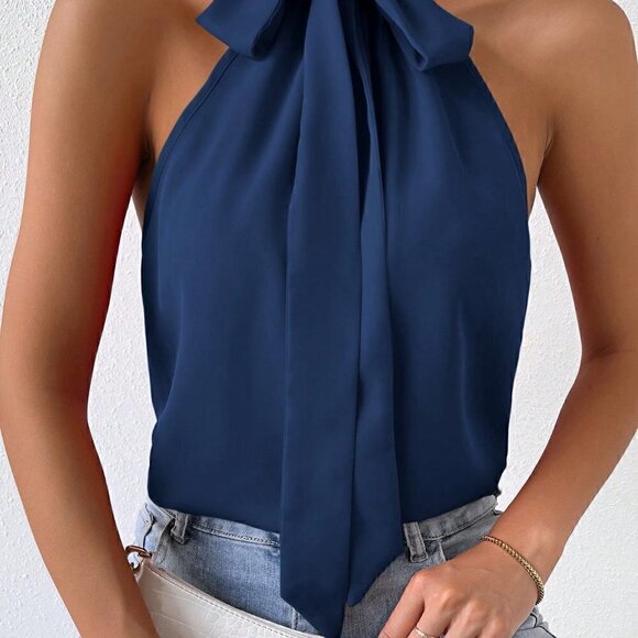 Navy Blue Preppy Womens Solid Tie Neck Halter Top - Picture 4 of 5
